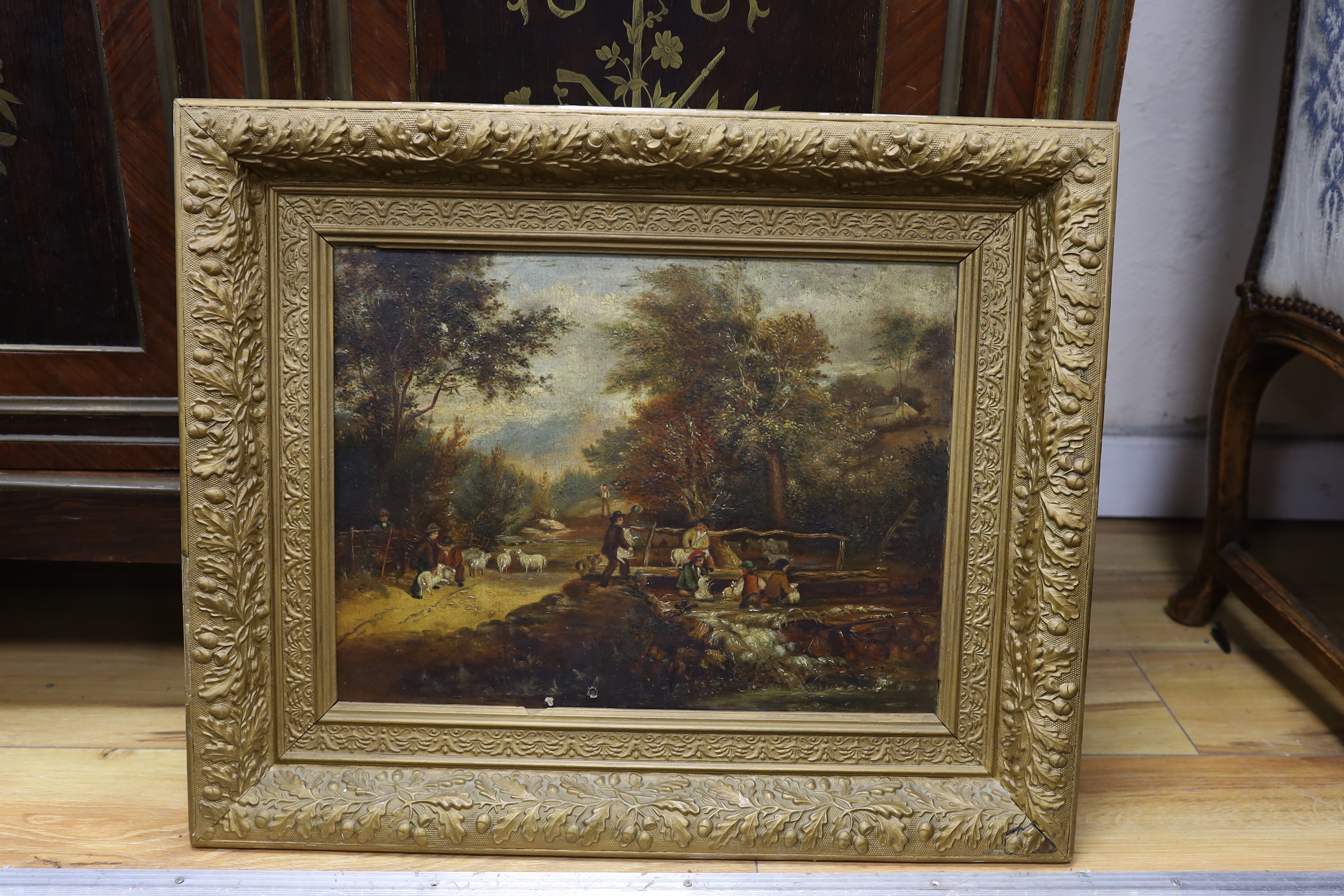 English School c.1850, oil on canvas, Shepherds dipping sheep, 32 x 43cm